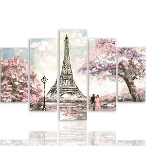 Feeby Leinwandbild 5-teilig auf Vlies Paris Eiffelturm Pastell 150x100 Wandbild Bilder Bild