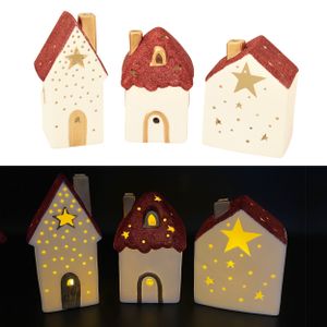 3 Lichthäuser aus Keramik mit LED Beleuchtung & Timer - Lichthaus, Leuchthaus, Weihnachtsdorf