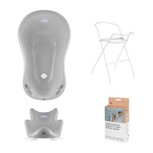 Hylat Baby Set: Babybadewanne Lite mit Gestell, Babybadesitz und Abflussschlauch für tolle Badeerlebnisse - Yeti, Grau