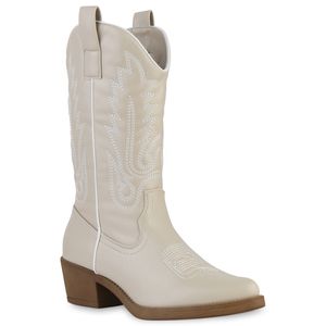VAN HILL Damen Stiefel Cowboystiefel Stickereien Boots Spitze Schuhe 839883, Farbe: Beige Weiß, Größe: 36