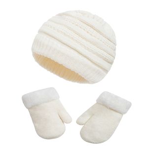 Winter Verdickte Warme Einfarbig Kinder Beanie Pompom Fäustlinge Hut Handschuhe Set-Weiß