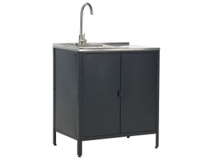 Outdoor-Küchenschrank mit Spüle Schwarz Stahl 80 x 50 x 92 cm mit Edelstahlplatte Modern für Garten Draußen Ausstattung Outdoor-Küchenmöbel