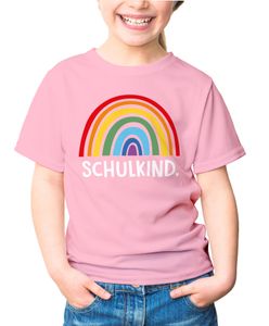 Kinder Mädchen T-Shirt Schulkind Einschulung mit Namen Regenbogen personalisierbar Geschenk Schulanfang Moonworks® rosa 122-128 (7-8 Jahre)