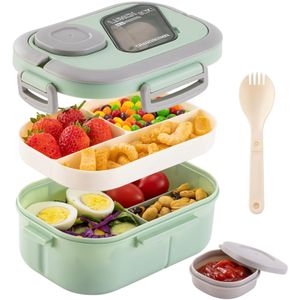 Bento Lunchbox mit Fächern, 2 Lagige Brotbox Vesperbox Brotdose,Salatbox To Go,Butterbrotdose Schule mit Göffel Soßenschüssel(Grün)