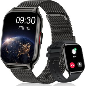 Smartwatch zum Annehmen/Tätigen von Anrufen, 2,01-Zoll-Fitness-Tracker mit KI-Sprachsteuerung, Blutdruck-/SpO2-/Herzfrequenzmesser, Schwarz