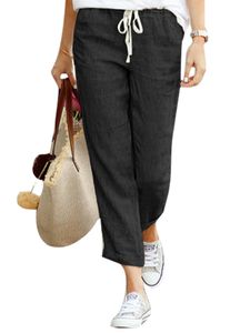 Damen Einfarbige Hosen Sommer Plain Palazzo Pant laessige gerade Bein Loungewear,Farbe:Schwarz beschnitten,Größe:S