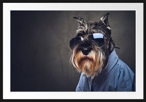 Lustiger Hund mit Hemd und SonnenbrilleBilderrahmen mit Galerie-Passepartout / Format: 100x70cm / gerahmt / hochwertige Leinwandbild Alternative