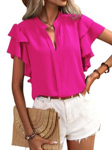 Damen T-Shirts Ruffle Shirts Chiffon Bluse Casual Kurzarm Tops Sommer Freizeithemd Rose Rot,Größe M