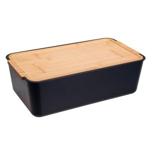 Brotkasten mit Schneidebrett aus Bambus-Holz, moderne Brotbox mit Deckel aus hochwertigem Kunststoff (rechteckig / schwarz)