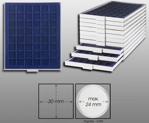 Prophila Collection Münzbox grau 48 eckige Fächer für Münzen bis 30mm, Blaue Einlage z. B. 1 Oz. Canada/Maple Leaf Gold