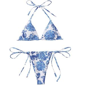 Damen 2-teiliger Triangel-Bikini-Badeanzug mit bedrucktem Neckholder und Seitenbindung,M