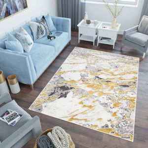 Teppich Wohnzimmer Schlafzimmer Kurzflor Modern Meliert Vintage Design Creme Grau Gold  200 x 300 cm