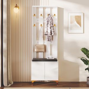 Merax Garderoben-Set mit Schuhbank, Komplett-Set mit Kleiderhakenbrett, Kompaktgarderobe mit Sitzkissen, Garderobenpaneel und Sitzbank, Weiß