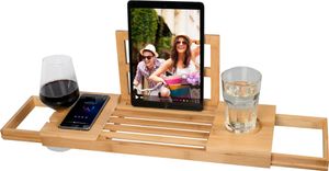 alpina Verstellbares Badewanneablage Badewannebrett 50-92 x 18 x 4 cm - Badewanneauflage aus Bambus mit Buchstütze und Tablet-Halter - Inkl. Becherhalter - Badezimmer Deko