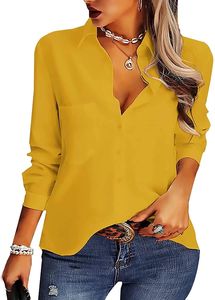 ASKSA Damen Knöpfen Bluse Elegant V-Ausschnitt Langarm Tops mit Brusttasche, Gelb, L