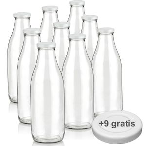Milchflaschen 1L Smoothie Saft Flaschen 1000ml leere Glasflaschen Deckel BPA frei, 9 Milchflaschen mit 18 Deckeln