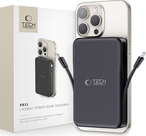 Powerbank Tech-Protect LifeMag PB31 z MagSafe 10000mAh 15W USB-C / USB-A / wbudowane kable USB-C / Lightning - czarny
