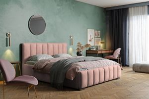 GRAINGOLD Doppelbett 140x200 cm Neos - Bett mit Lattenrost, Kopfteil & Bettkasten - Rosa