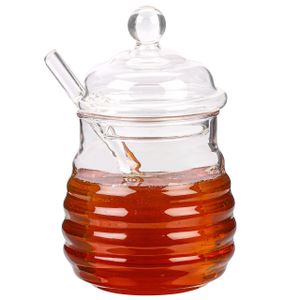 BELLE VOUS Honigglas mit Honiglöffel & Deckel - 400 ml - Kleine Honiggläser Gastgeschenk für Hochzeit/Party oder Küche - Honigspender Tropffrei Glas Behälter für Honig, Marmeladen & Gewürze