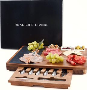 Real Life Living Charcuterie Board Acacia Wood Käsebrett mit Serviertablett für Hochzeit, Einzug Geschenk (Wurstwaren- und Käsebrett-Set) (rechteckig)