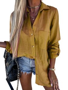 Damen Blusen Button Down Bluse Casual Tunika Hemd mit Tasche Langarm Elegant Shirt Farbe:Gelb,Größe L