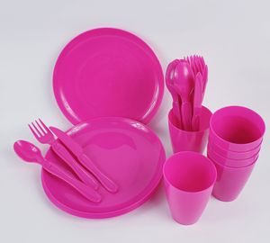 Picknickset Campinggeschirr 31-teilig für 6 Personen Teller Becher Besteck pink