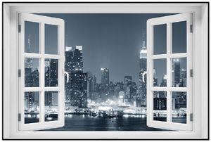 Wallario Wandbild mit Fenster-Illusion: New York Skyline - Schwarz Weiß Blau, Größe: 61 x 91,5 cm, Poster mit schwarzem Aluminiumrahmen