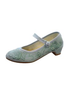 Damen Florale Gestickte Pumps Lässige Pointy Toe Low Heel Schuhe Komfort Nationaler Tanz Sneaker,Farbe:Grün,Größe:38