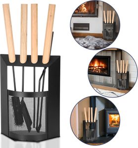 Jopassy 4tlg Kaminbesteck Set Kamingarnitur mit Holzgriff aus Edelstahl Bestehend aus Kaminwerkzeugen Regal, Schaufel, Besen, Eisenhaken, Eisenzange