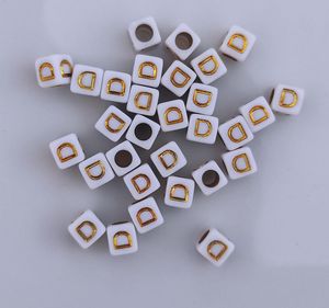 Buchstaben Perlen, 30 Stück, 6x6 mm, weiß mit gold, eckig, Buchstabe D