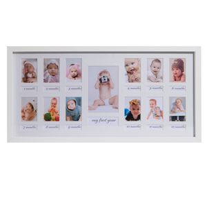 BD ART 23 x 50 cm Baby Bilderrahmen Mein erstes Jahr, Bildergalerie, Fotogalerie mit Passepartout und 12 Foto-Ausschnitten für Fotos 5 x 7 cm und 1 Foto 9 x 13 cm, Weiß