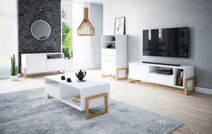 Čtyřdílná obývací sestava Oslo v matném dubu a bílé barvě (TV skříňka, 2x komoda, konferenční stolek)