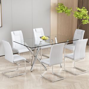 Flieks jídelní židle konzolová sada 4 kusů, čalouněné židle kuchyňské židle s kovovými nohami, jídelní židle obývací židle houpací židle, PU, bílo-stříbrná barva