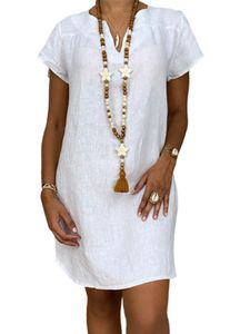 Damen Sommerkleider Baumwolle Kleider Einfaches Leinenkleid Freizeitkleider Lose Kleid  Weiß,Größe L