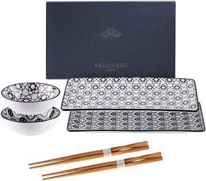 vancasso Haruka Porzellan Sushi Set mit Geschenkverpackung, 6-teilig Japanisches Geschirr-Set für 2 Personen, Beinhaltet Sushi Teller, Soßenschälchen und Essstäbchen