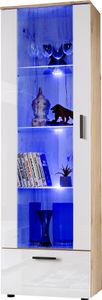 Komodee, Vitrine Schrank Alessandria, Wotan/Weiß, Breite 60cm x Höhe 192cm x Tiefe 42cm, 3 Glasböden, 1 Regal aus laminierter Platte, für Wohnzimmer, Schlafzimmer, LED Blau