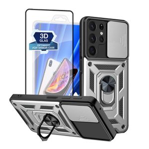 Armor Hülle für Samsung Galaxy S22 Ultra mit 9H Displayglas Displayschutz Kameraschutz Handy Panzer Case Cover Schutzhülle Outdoor Farbe: Silber