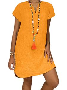 Damen Sommerkleider Baumwolle Kleider Einfaches Leinenkleid Freizeitkleider Lose Kleid  Orange Farbe,Größe 3XL