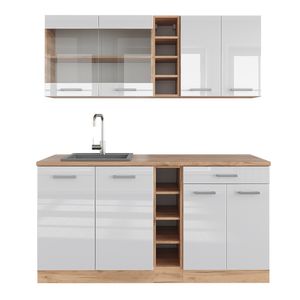 Vicco Single kitchen R-Line, 160 cm without worktop, White high gloss/gold power oak