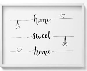 Inschrift an einer Wohnung „Home, sweet home“– Wandbild mit Rahmen – Gerahmtes Bild  – Wanddekoration – 80x60 cm –  Weiß Rahmen