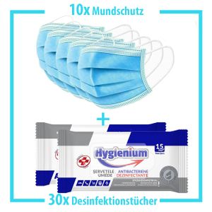 10x Mundschutz + 30x Desinfektionstücher | Hände Desinfektionsmittel + Atemschutzmaske