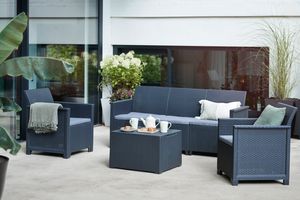 Keter Lounge Set Emma 9-teilig - graphit , 2 Sessel + 3-Sitzer Sofa + 1 Tisch mit Truhenfunktion + 5 Sitzauflagen