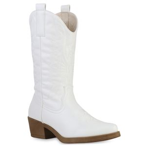 VAN HILL Damen Cowboystiefel Stiefel Stickereien Schuhe 840208, Farbe: Weiß, Größe: 40