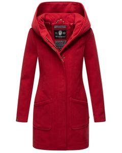 Marikoo Maikoo Stilvoller Damen Trenchcoat Wintermantel mit großer Kapuze in Wolloptik Business Design Dark Red Gr. 36 - S