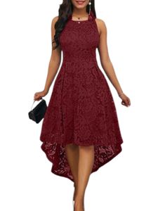 Damen Abendkleider Spitze Kleider Einfarbig Ballkleid Ärmellose Kleid Midikleid Weinrot,Größe 4XL
