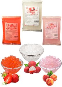 Bubble Tea Popping Boba Mix-3 x 600g Pfirsich+Erdbeer+Litschi Boba Fruchtperlen-Natur&Glutenfrei Perlen-Aktion: 1 Gratis 600g Packung