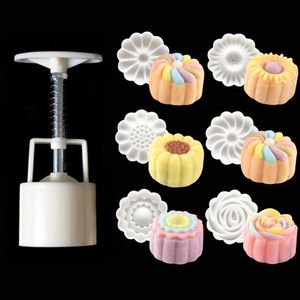 1pc -Kolben + 6pcs Briefmarken 3D Rose Blumenmondkuchen Formdruck Handdruck DIY -Werkzeug