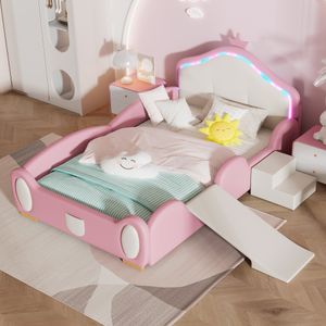 okwish Soft Bed Kinderbett 90x200cm, Kronen-Cartoon-Bett mit bunten LED-Lichtern, mit kleiner Rutsche, mit schützender Soft-Edge-Stufe, Holzlatten, PU (Rosa + Beige)