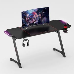 EXCAPE Gaming Tisch Z14 mit LED Beleuchtung 140cm (+ 16cm Extensions) - Beine in Z-Form, Carbon-Optik, Schreibtisch Gaming - Gamingtisch inkl. Getränkehalter, Kopfhörerhalter - PC Tisch, Gamer Desk