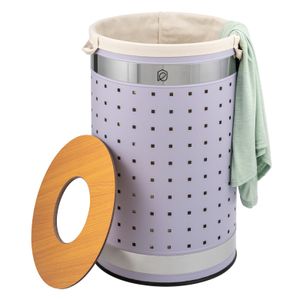 eluno runde Wäschetonne, Wäschekorb, Wäschesammler mit waschbarem Wäschesack und abnehmbaren Deckel, 50 Liter Fassungsvermögen für Schlafzimmer, Badezimmer, Wäscheaufbewahrung aus Metall, flieder